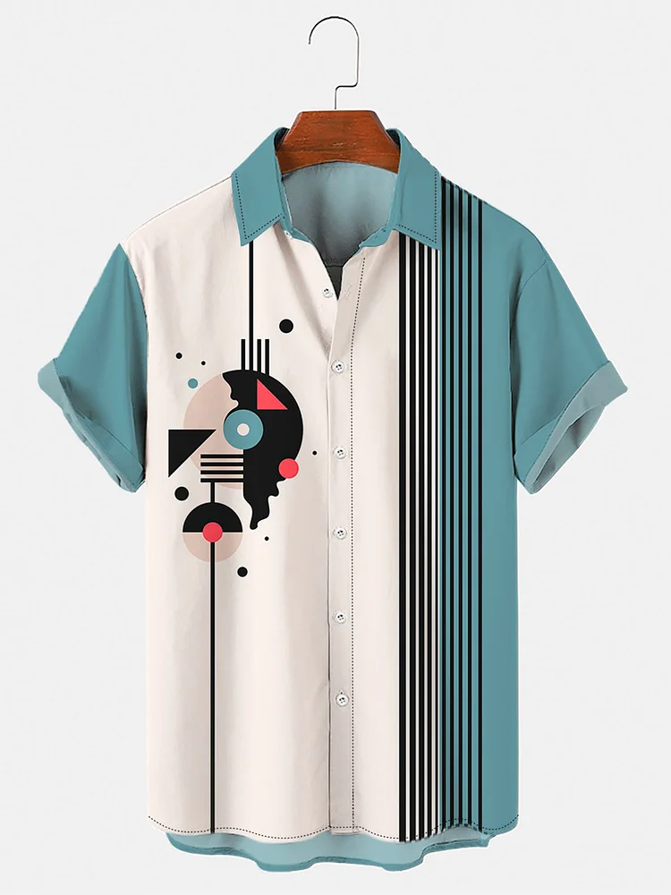 Men's Vintage Music Symbol Stripe Patchwork Print Short Sleeve Hawaiian Shirt