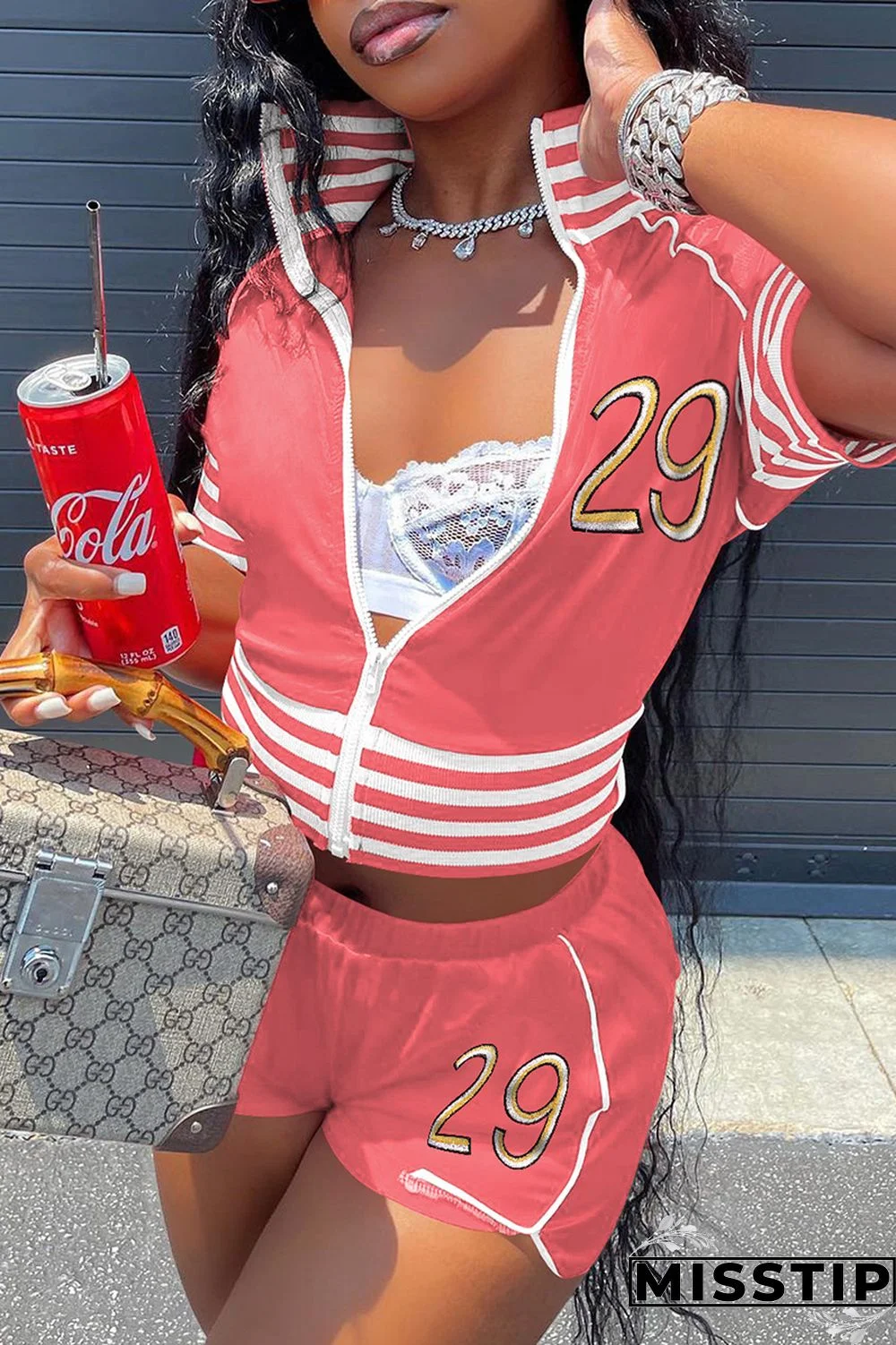 Black Fashion Casual Solid Embroidered Zipper Collar Short Sleeve Two Pieces