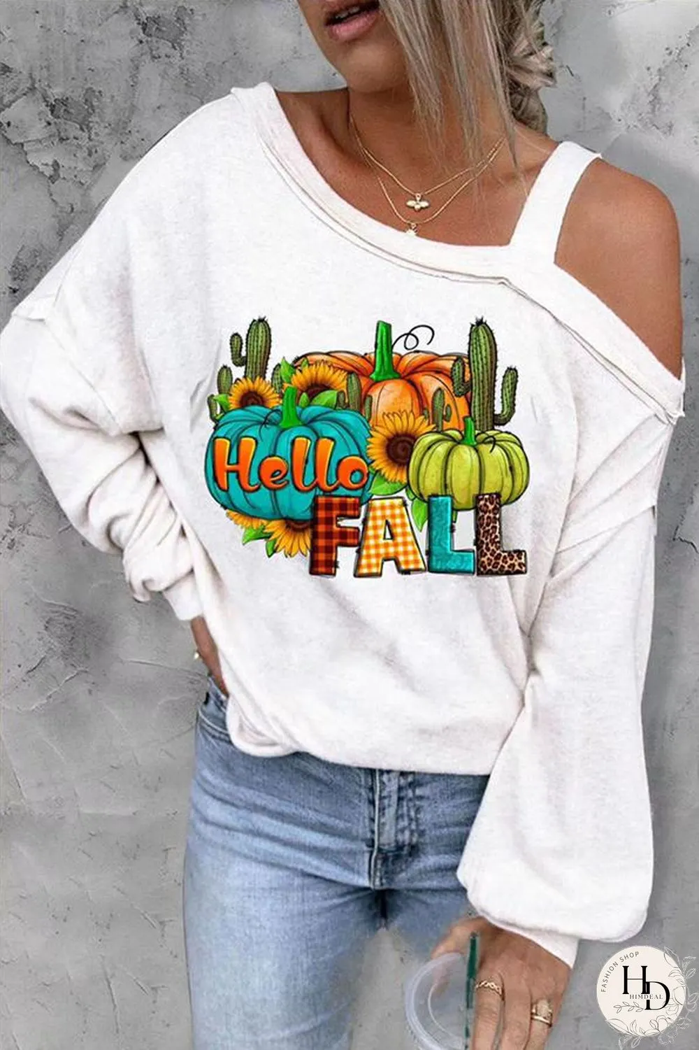 Slant Cold Shoulder Halloween Element Pattern Shirt