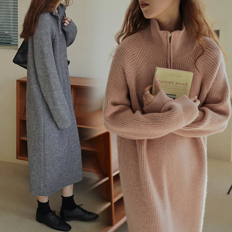 Churchf Churchf Lapel Half Zipper Wool Dress 2024 Autumn And Winter New Style With Loose Casual Long Knit Bottom Shirt Women