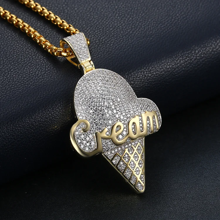 Iced Out Full Zircon Ice Cream Pendant Necklace-VESSFUL