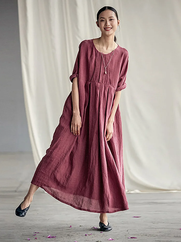 Plus Size - Chinese Style Elegant Pleated Roomy Linen Dress