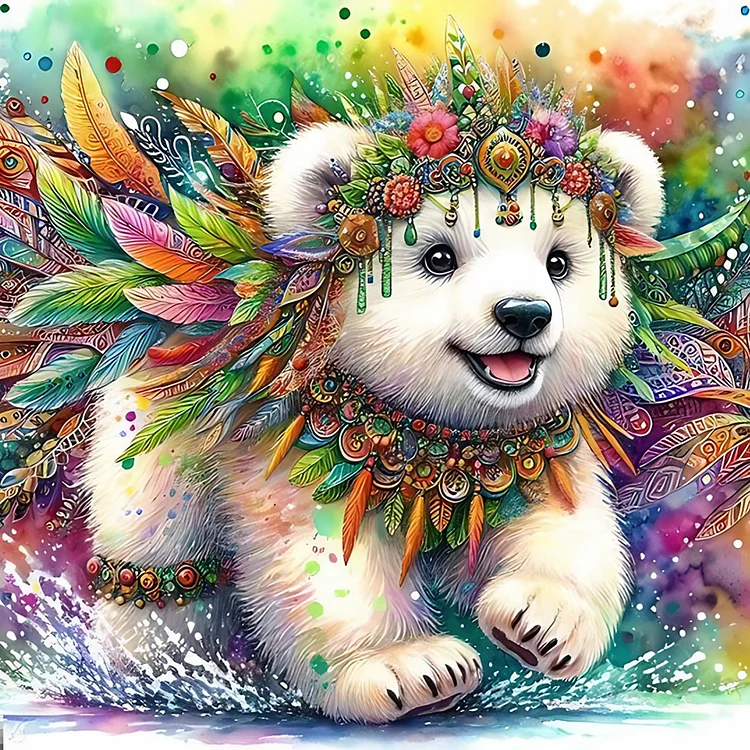 Indian Colored Feather White Bear 40*40CM (Canvas) Full Round Drill Diamond Painting gbfke