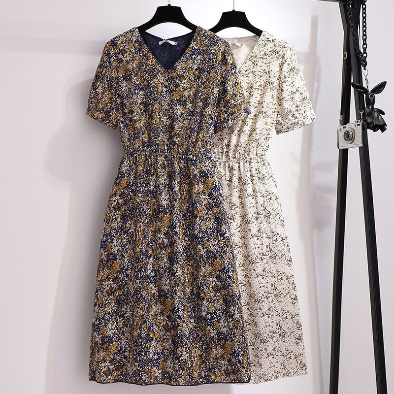Fat Summer Vintage Floral Dress V-neck Chiffon Versatile Skirt
