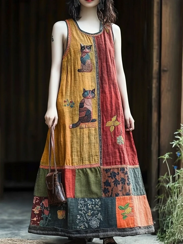 Utbros Vintage Floral & Cat Patchwork Linen Vest Long Dress