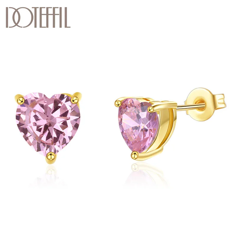 DOTEFFIL 925 Sterling Silver 18K Gold Heart-Shaped Pink AAA Zircon Earrings For Women Jewelry