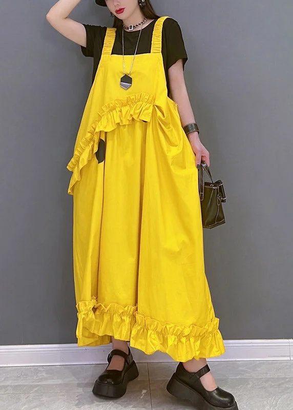 Fashion Yellow Slash Neck Dot Print Spaghetti Strap Dress Sleeveless