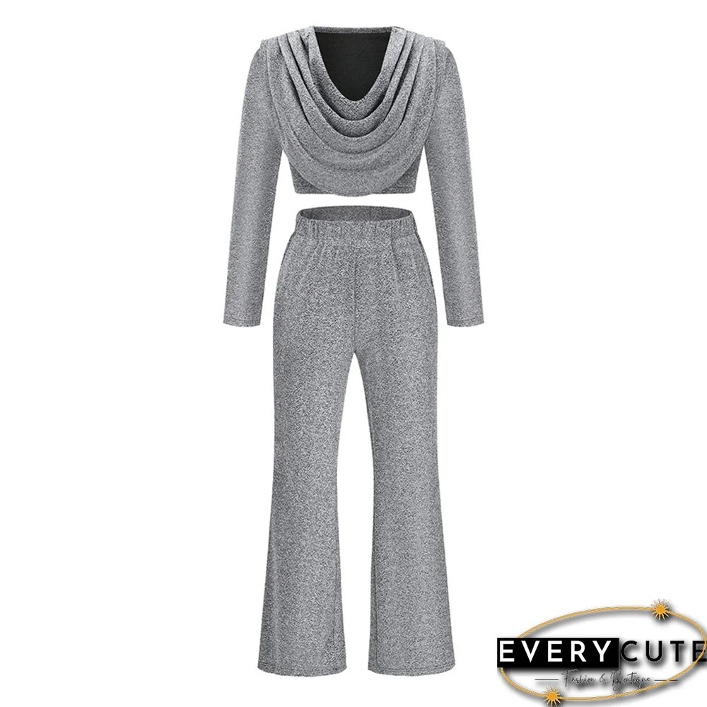 Light Gray Bronzing Long Sleeve Top with Flared Pants Set