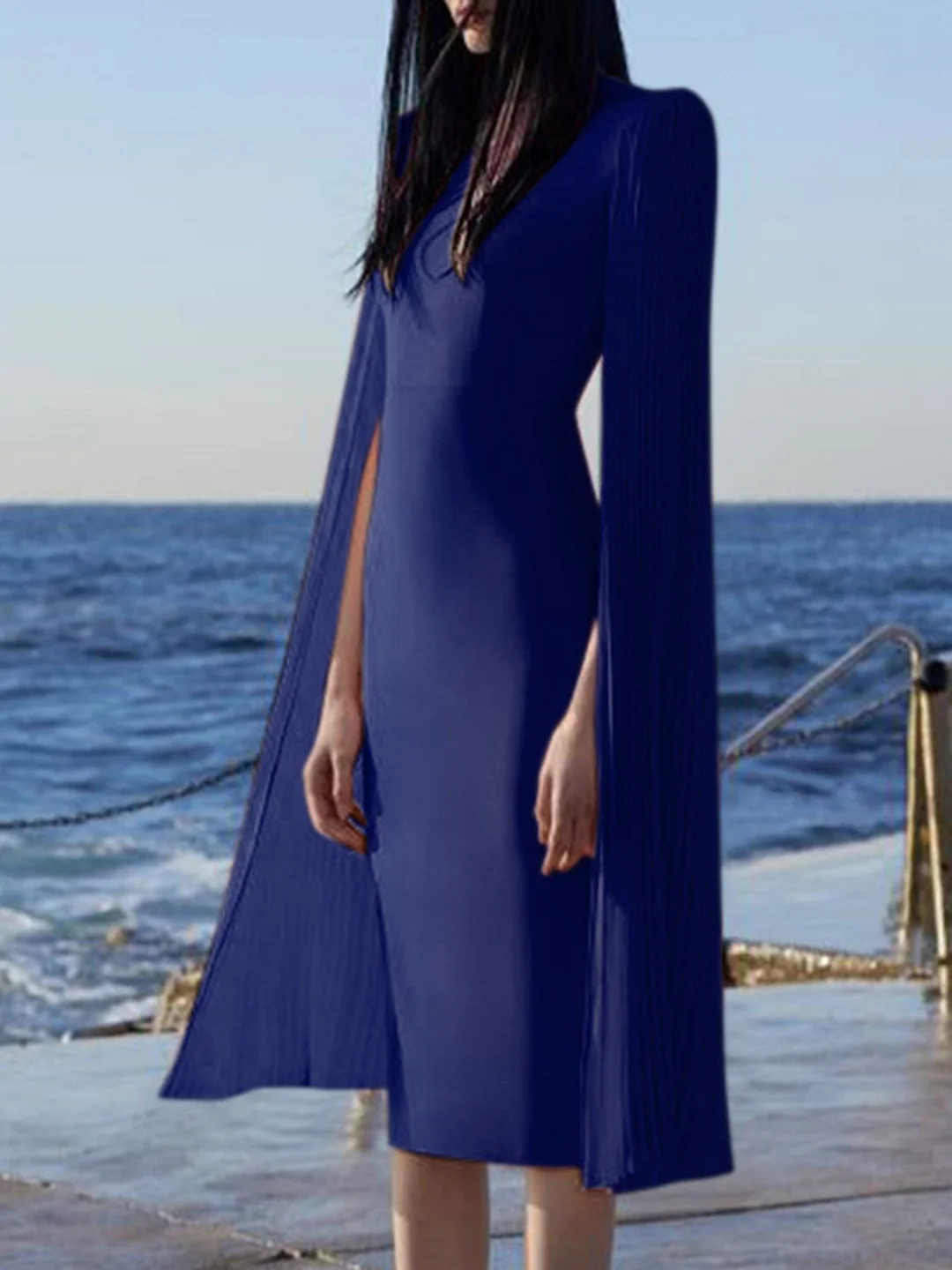 Pleated Cape Sleeve Bodycon Elegant Midi Dress
