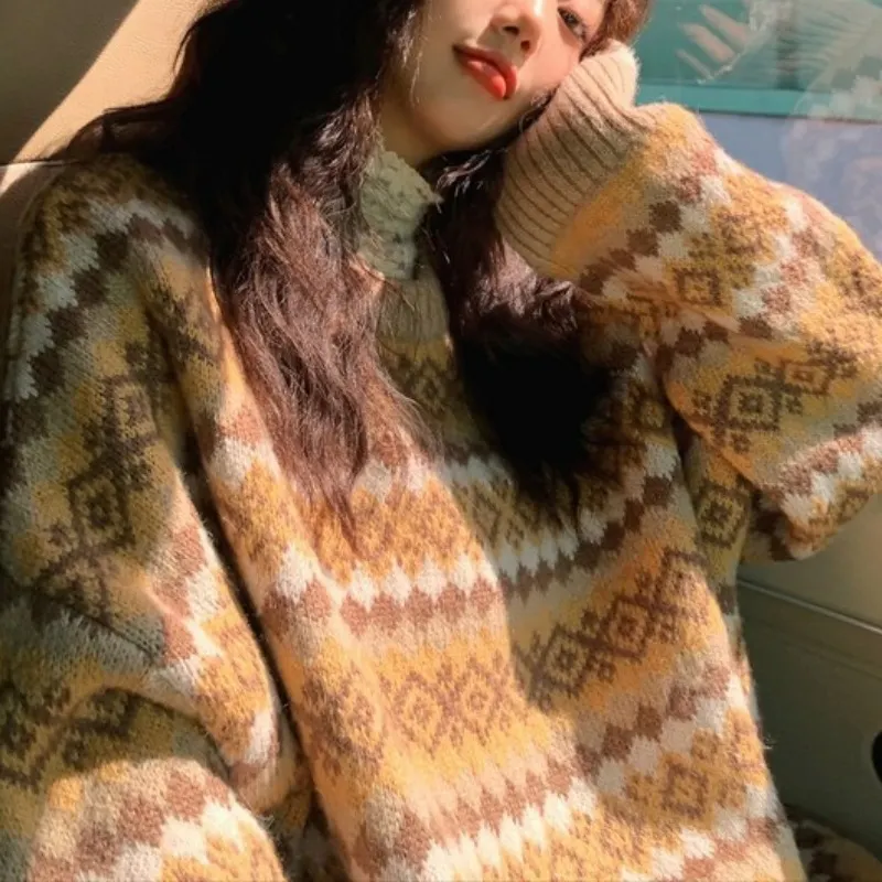 Churchf Churchf Jacquard Diamond Loose Sleeve Knit Sweater Female Student 2024 New Autumn And Winter Outside Wear Lazy Wind