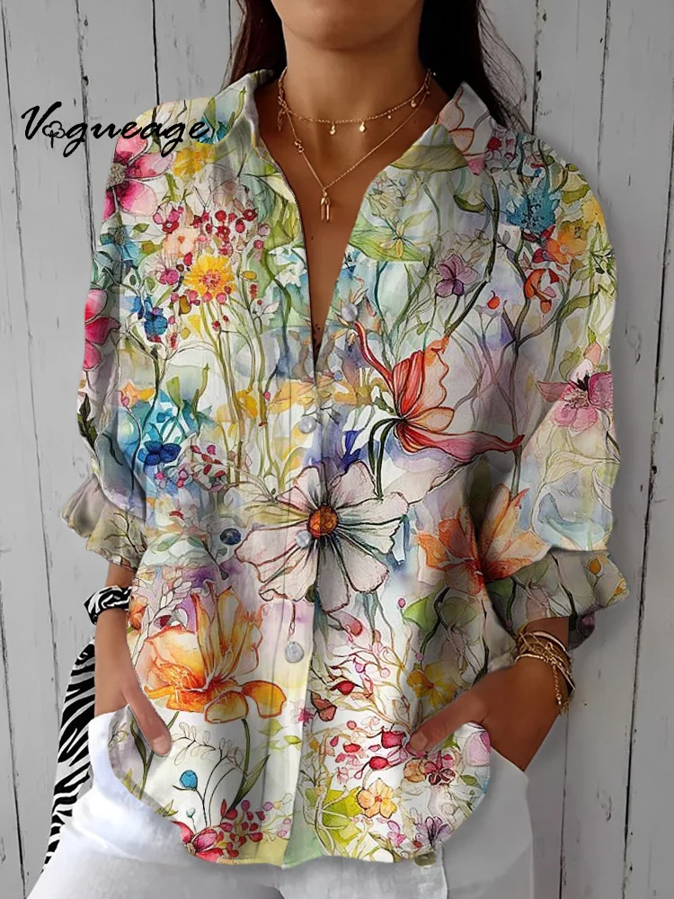 Gentle Bright And Vivid Flowers Printed Cotton And Linen Shirt