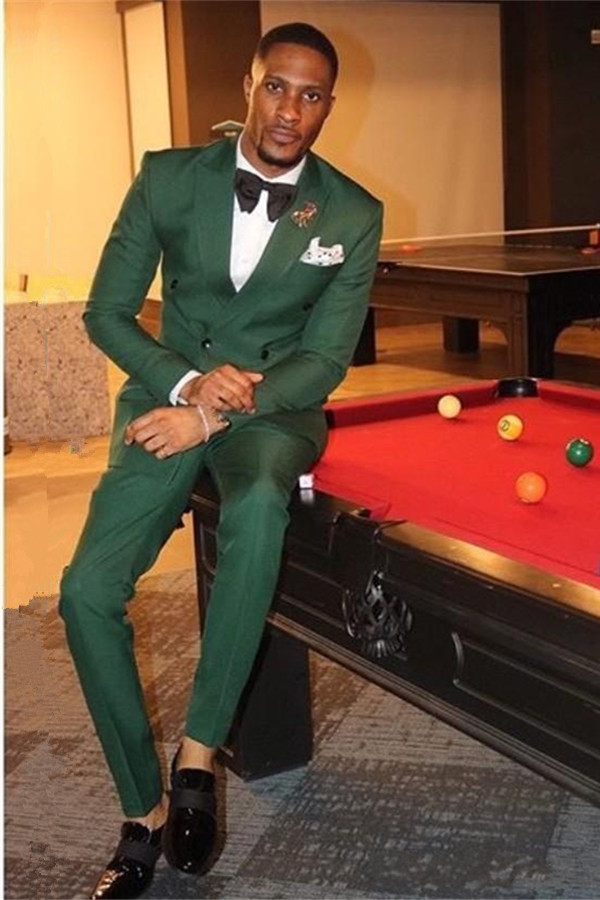 Elegant Two Pieces Peaked Lapel Slim Fit Prom Suit For Boy Dark Green With Double Breasted - lulusllly