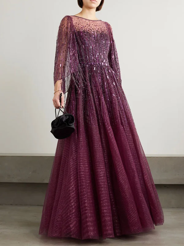 Hestia Cape-effect Embellished Glittered Tulle Gown