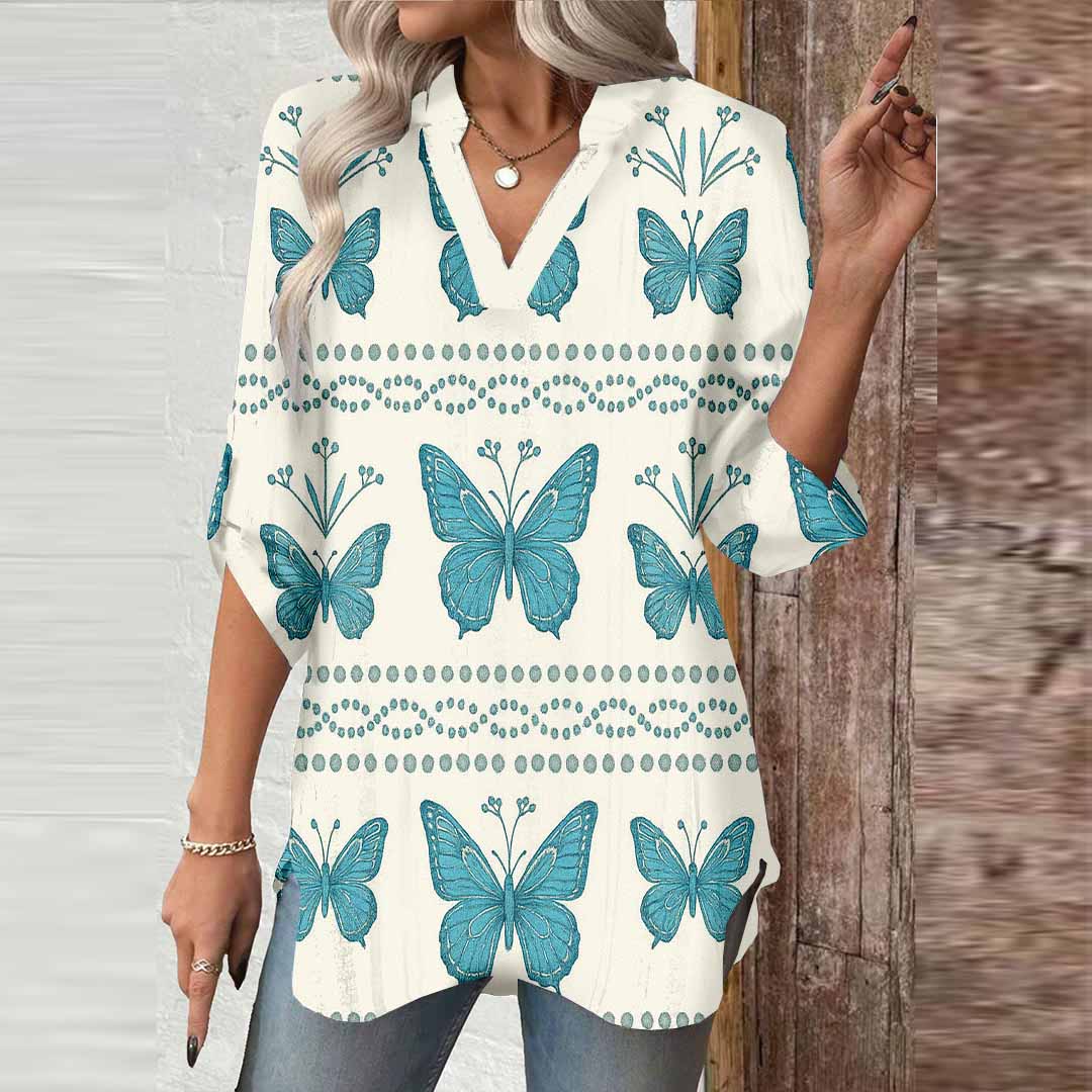 Women Butterfly, Blue DZGA0192 3/4 Sleeve V-neck Printed Graphic Button Tops
