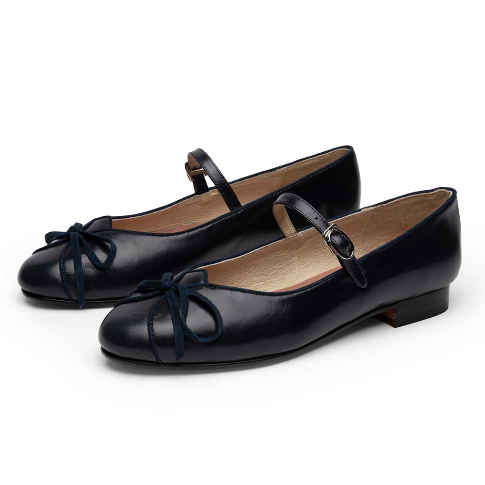 Black Vegan Leather Closed Toe Flat Bow Inlay Mary Jane Shoes Nicepairs