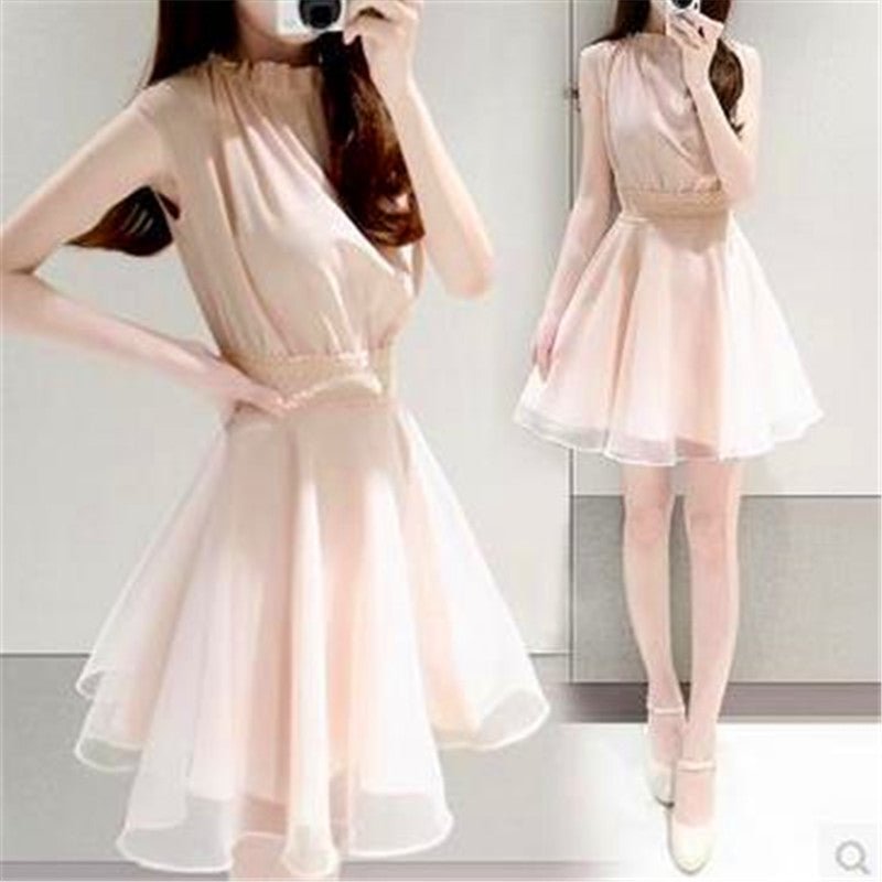 Summer Korean Style Fashion Slim Fit Slimming Waist Mid-length Dress Chiffon Short Sleeve For Women