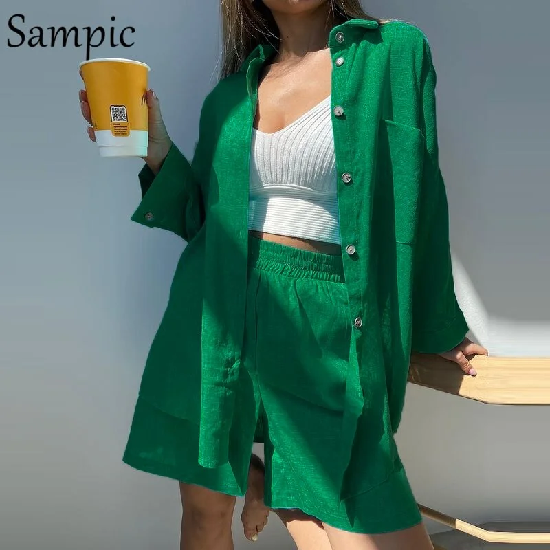Sampic Outfits Tracksuit Women Lounge Wear 2021 Long Sleeve Loose Shorts Set Casual Shirt Tops And Mini Shorts Two Piece Set