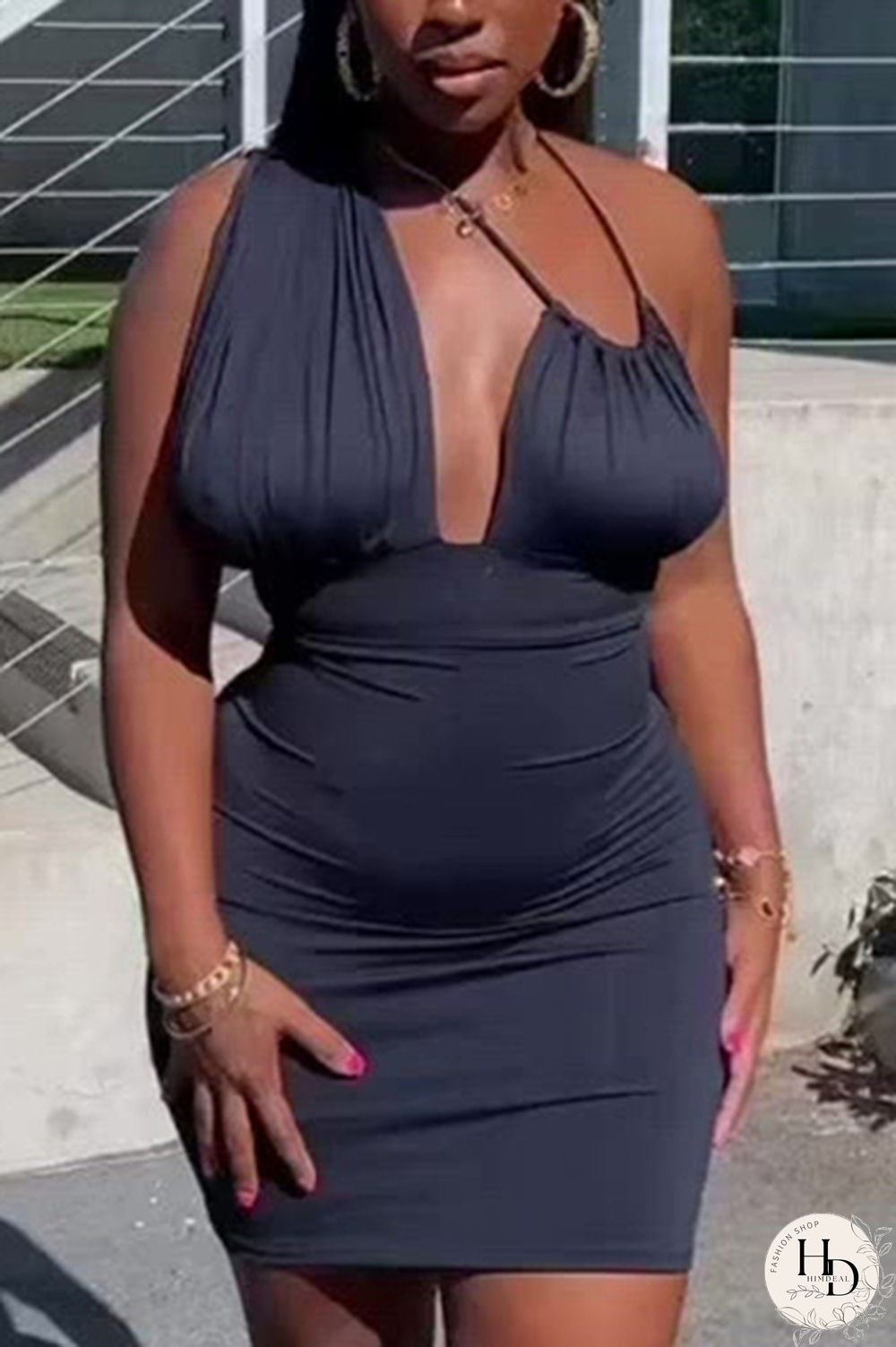 Black Fashion Sexy Solid Draw String Halter Wrapped Skirt Dresses