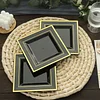 10 Pack | 7" Gold Trim Black Square Plastic Salad Dessert Plates