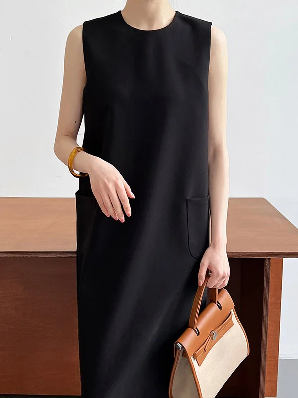 Zipper Split-Back Solid Color Pockets Sleeveless Loose Round-Neck Midi Dresses