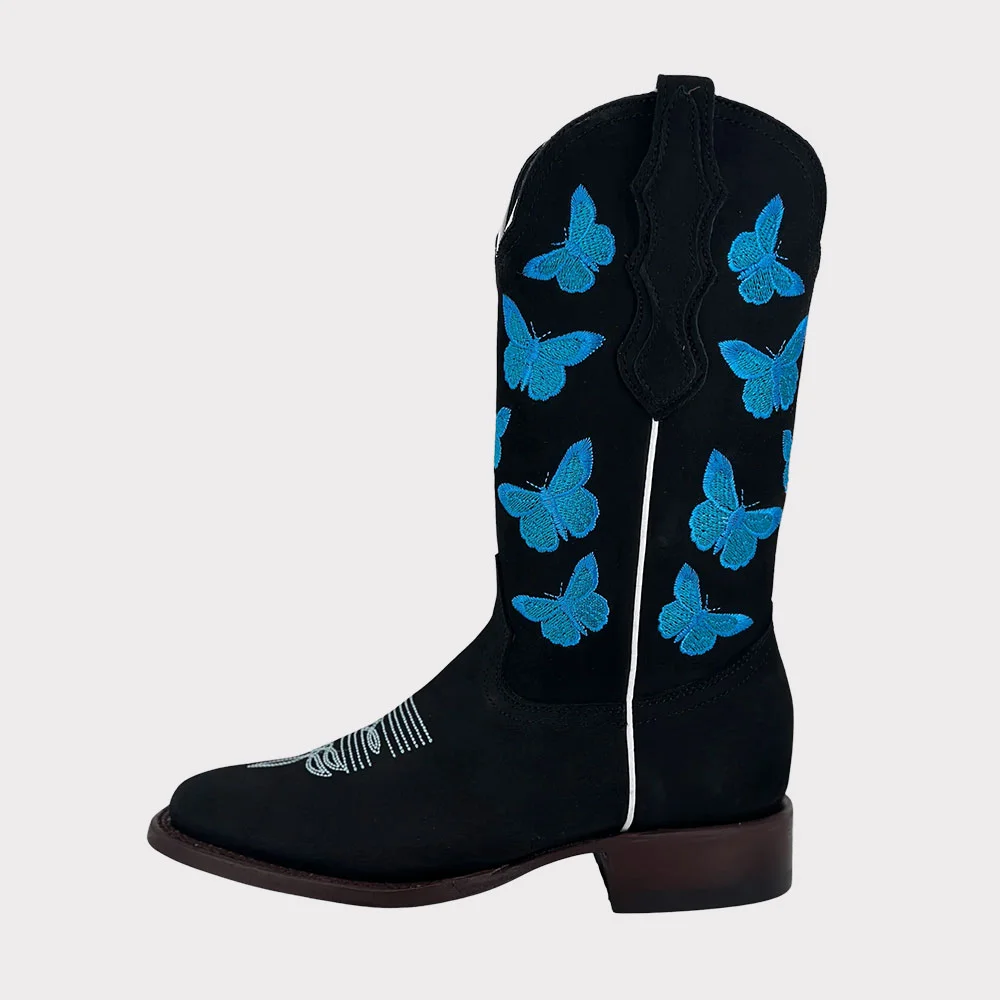 Black & Blue Square Toe Butterfly Embroidered Pull On Cowgirl Boots