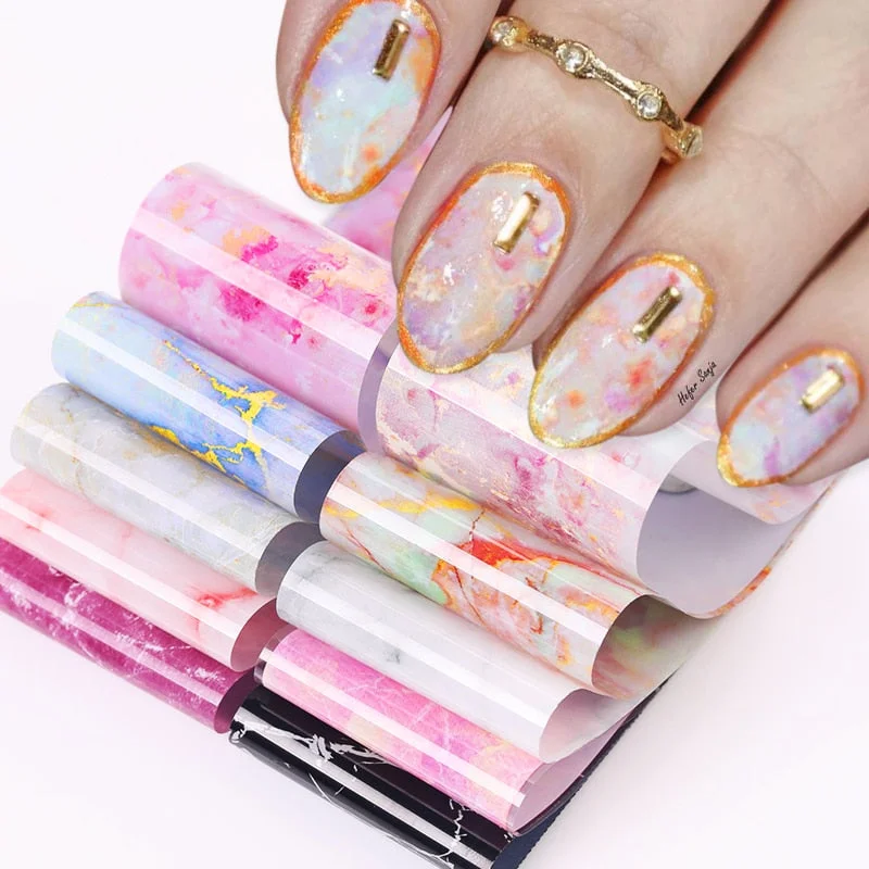 10Pcs/Bag Marble Nail Art Transfer Foil Sticker Flower French Tip Wraps Adhesive Decals Nails Decoration Manicures Accessories-Nail Inspo
