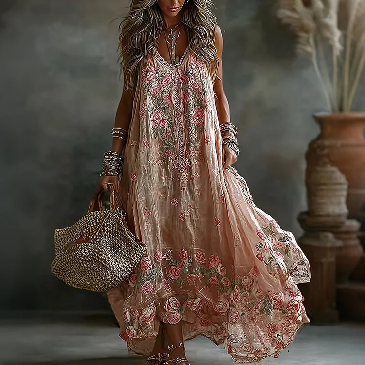 Women's Floral Art Print Flowy Linen Blend Casual Sleeveless Maxi Dress