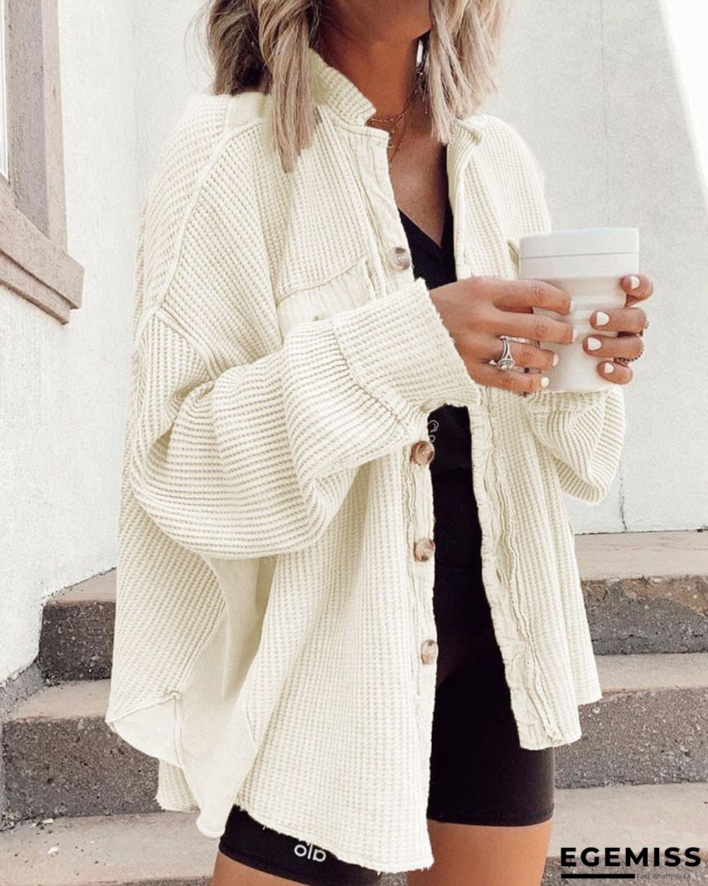 Batwing Sleeve Button Front Waffle Knit Shacket | EGEMISS