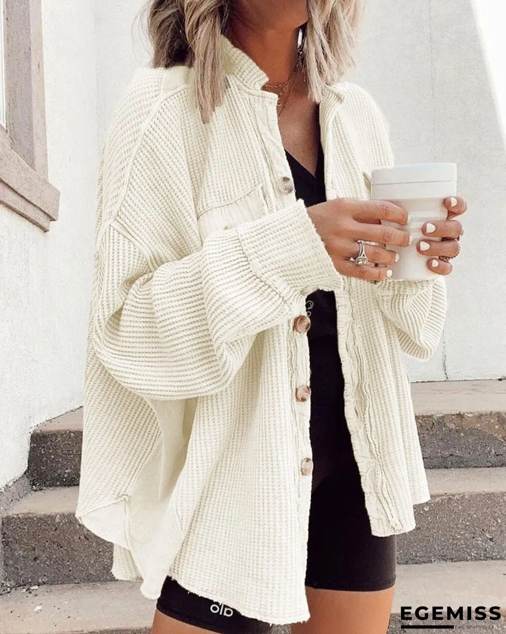 Batwing Sleeve Button Front Waffle Knit Shacket | EGEMISS