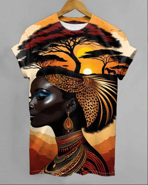 Forest Black Girl Africa Map Printed Short Sleeve T-shirt