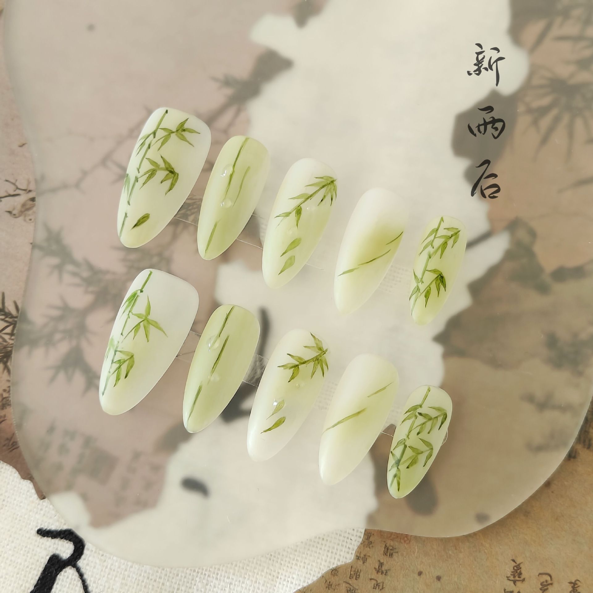 Chinese Style Hand-painted Green Bamboo Press-On Nails