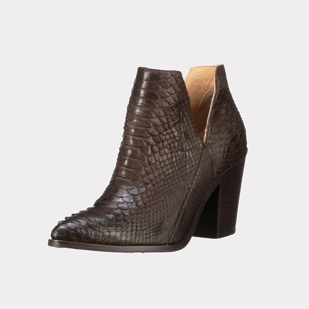 Deep-V Python Pattern Block Heel Chocolate Brown Pointed Toe Boots Nicepairs