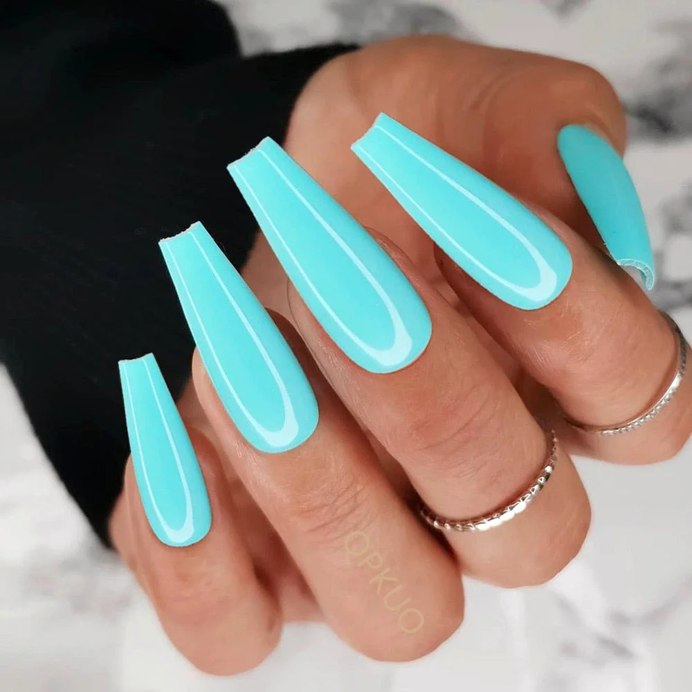 24Pcs Bright Blue Super Long Ballerina Coffin Fake Nail Artificial Press On False Nails With Jelly Glue Finger Manicure Tool