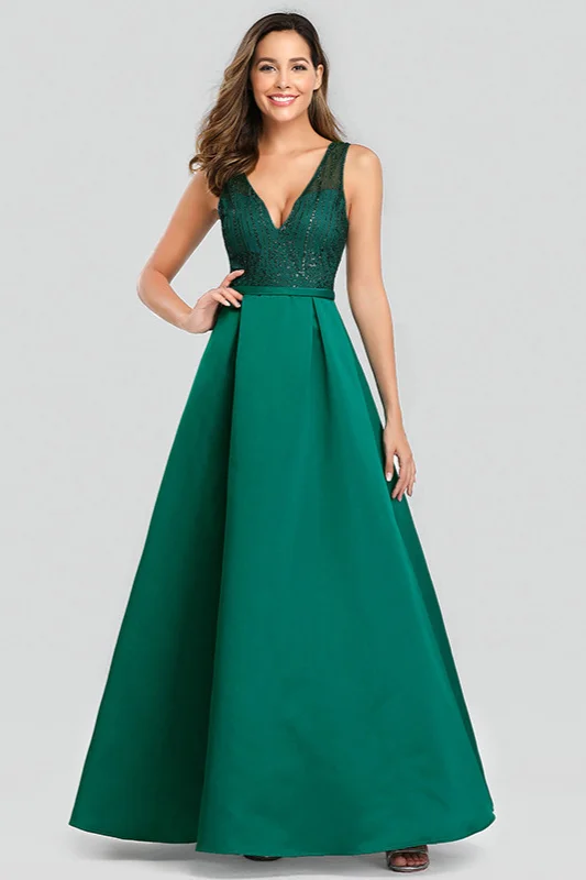 Dark Green Sequins V-Neck Long Evening Prom Dress Online