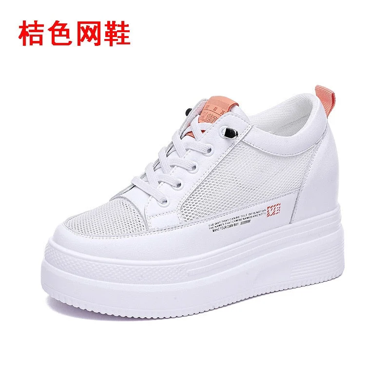 Fujin 8.5cm Platform Wedge Sneakers Height Increased Shoes Genuine Leather for Women Spring Autumn Air Mesh Summer Shoes White