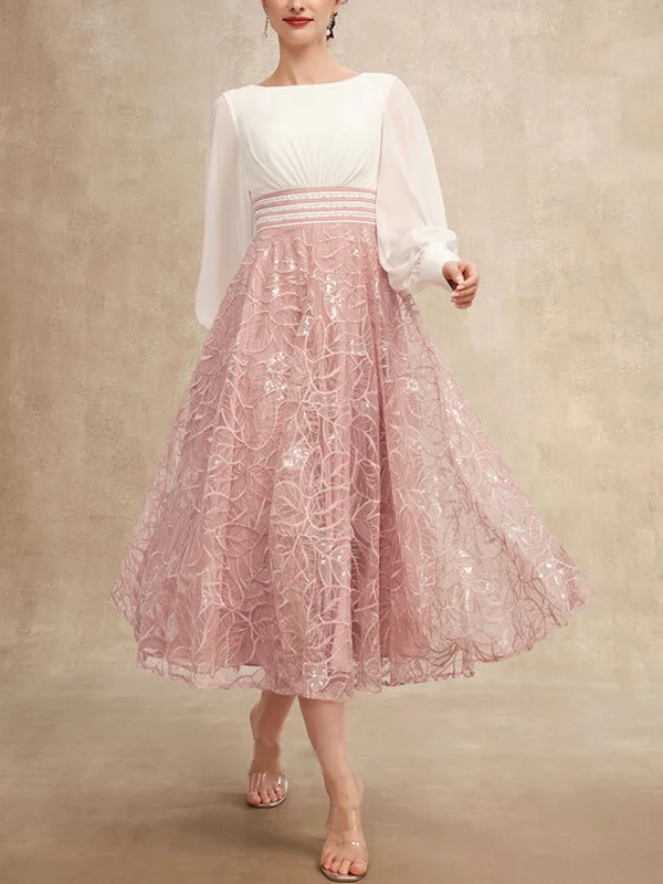 Round Neck Solid Color Lace Panel Midi Dress