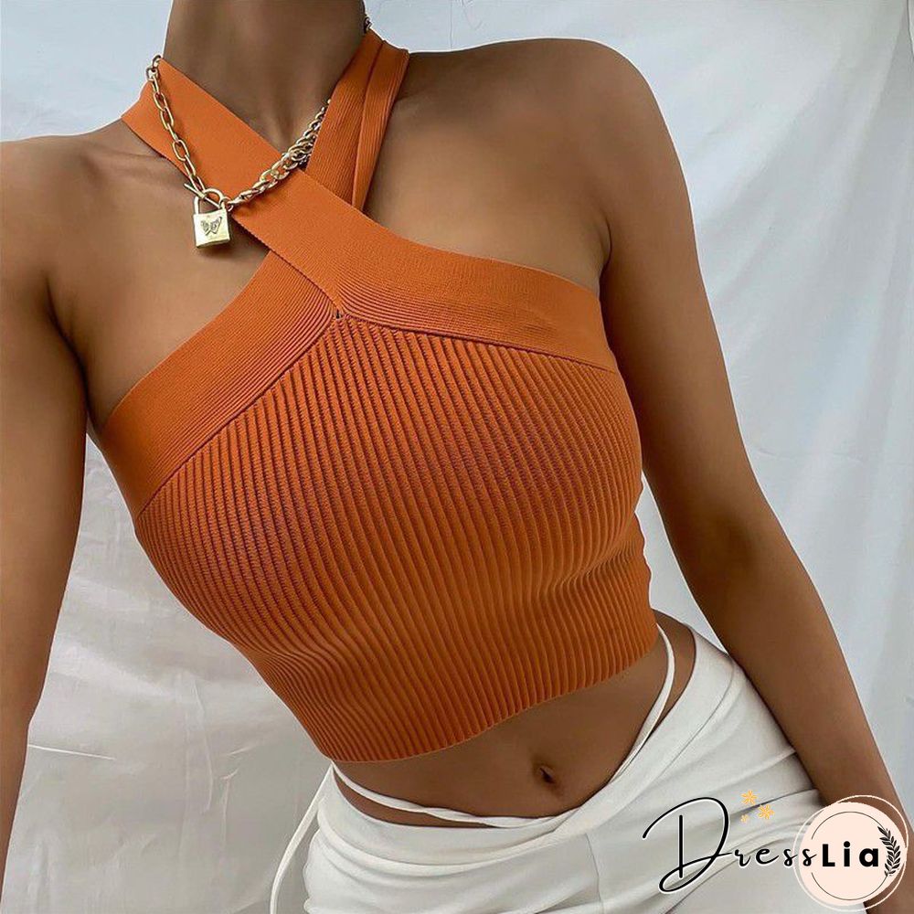 Crinkle Wide Ribbed Rib Criss Cross Halter Crop Top