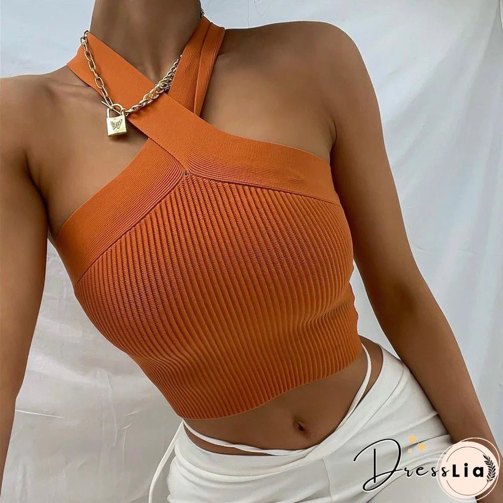 Crinkle Wide Ribbed Rib Criss Cross Halter Crop Top