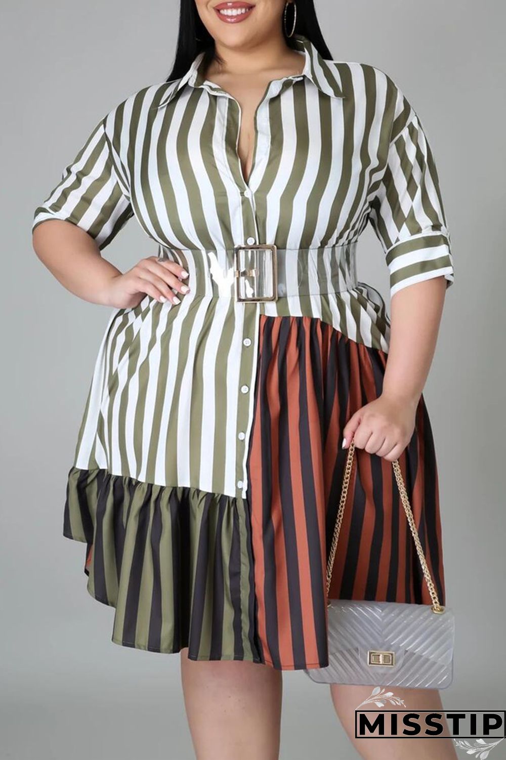 Brown Fashion Plus Size Striped Print Patchwork Turndown Collar Shirt Dress (Without Belt)
