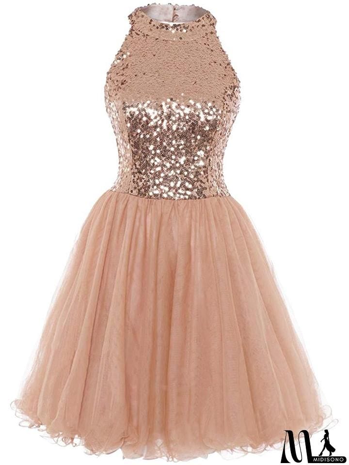 MidiSono - Pretty Rose Gold Sequin A-Line Halter Cocktail Dresses For Party