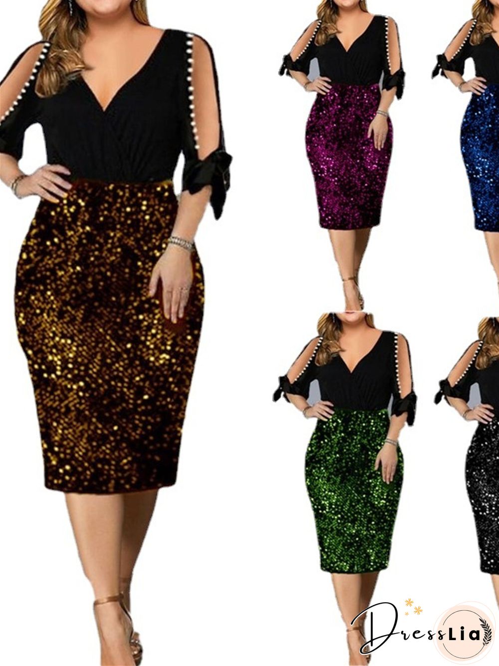 New V-neck Personalized Sequins Design Plus Size Women's Dress