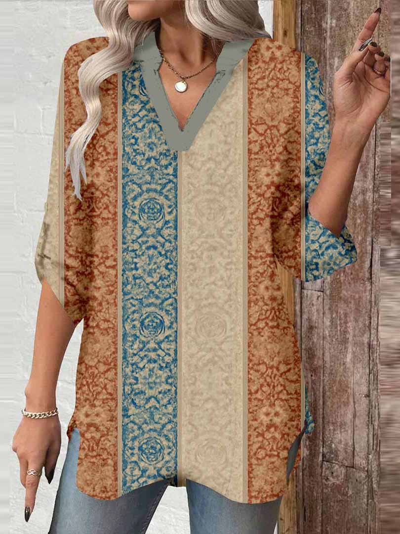 Women Floral, Blue, Patchwork DZGA0036 3/4 Sleeve V-neck Printed Graphic Button Tops