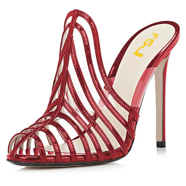 FSJ Red Patent Leather and transparent Mule Heels Peep Toe Stiletto Heels |FSJ Shoes