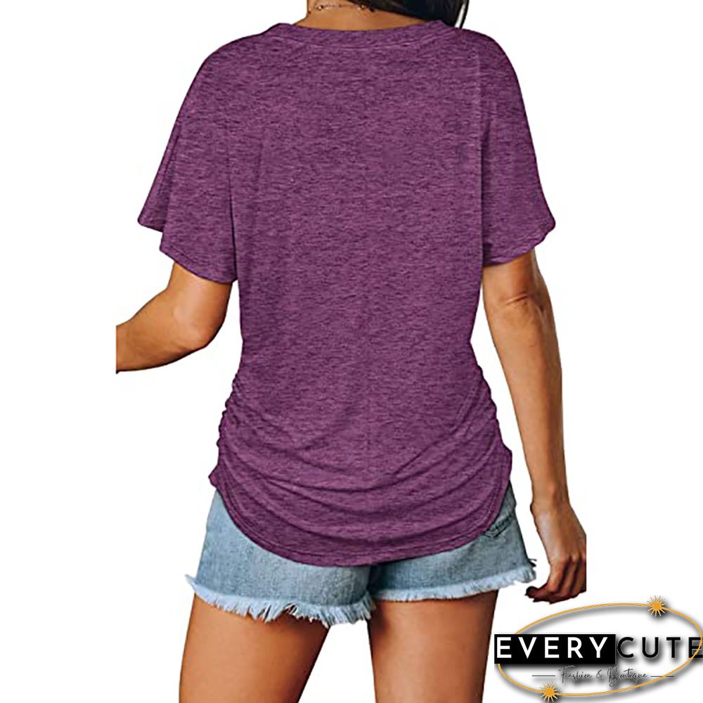Purple Cotton Blend V Neck Short Sleeve Tees