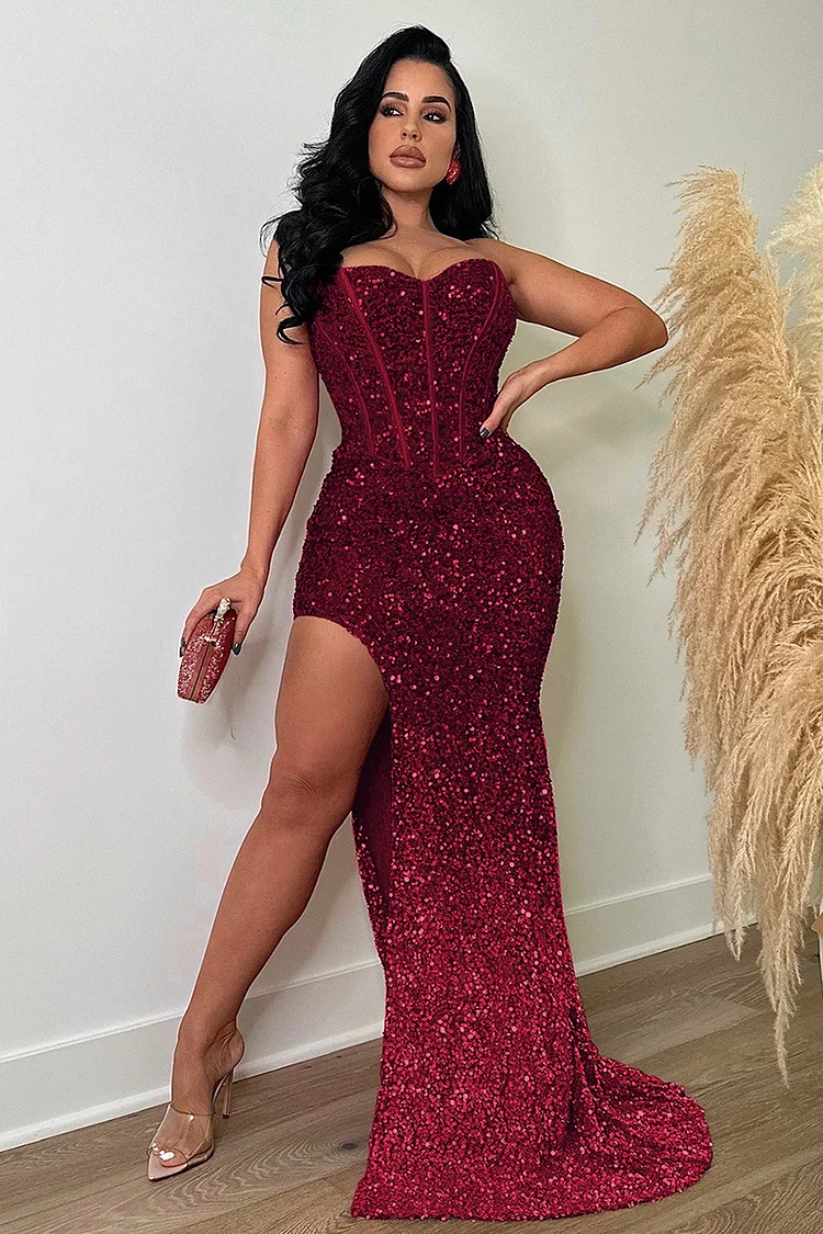 Sequin Strapless Corset Bodycon High Slit Formal Party Maxi Dresses-Red