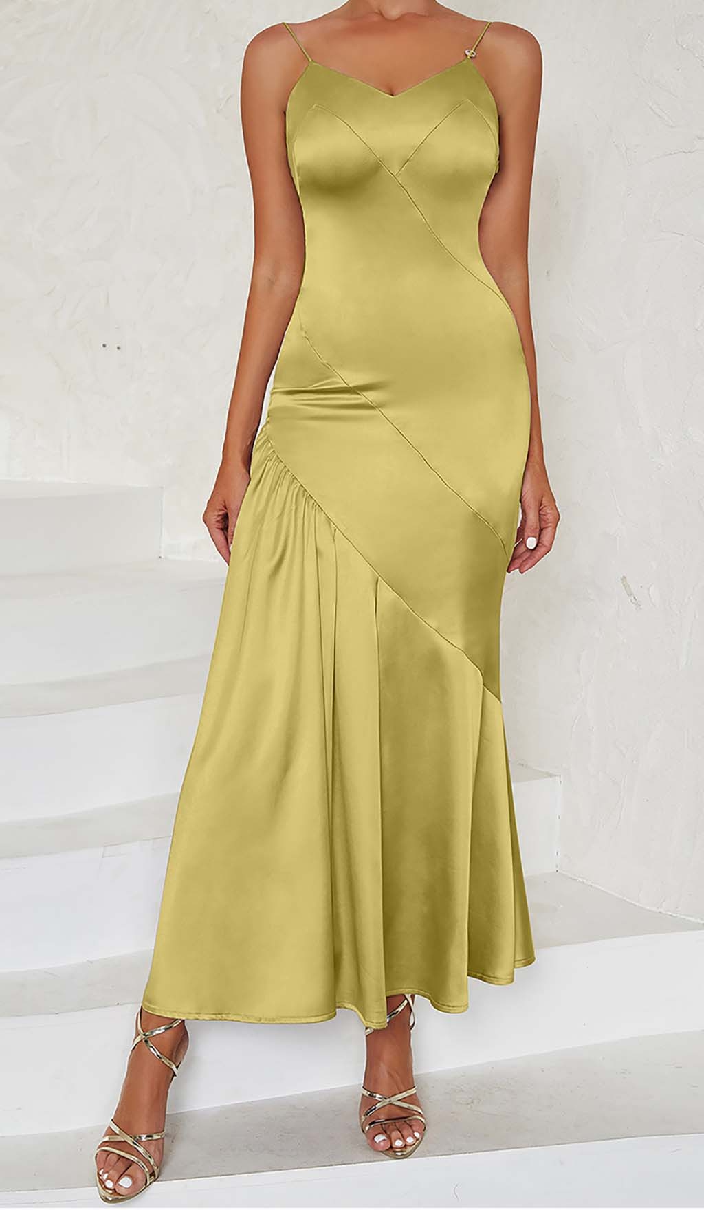 Strappy Satin Midi Dress In Pale Ochre Flowering Girl