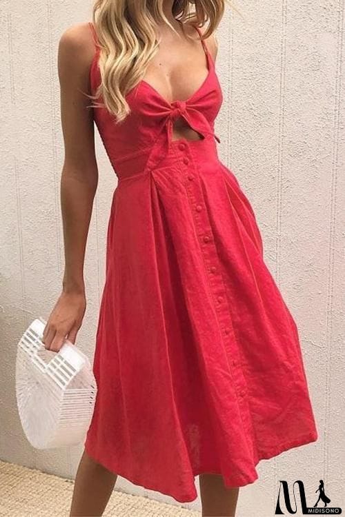 MidiSono - Backless Hollow Bow Tie Button Front Slip Dress