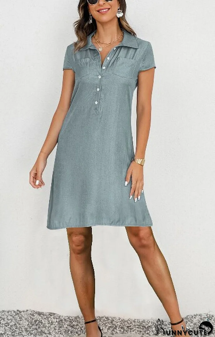 Women Turndown Collar Short Sleeve Button Up Slit Pocket Plus Size Casual Denim Dress