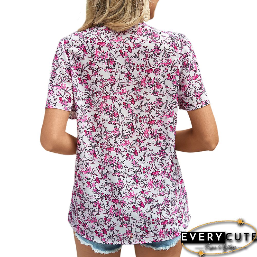 Purplish Red V Neck Floral Chiffon Short Sleeve Tees