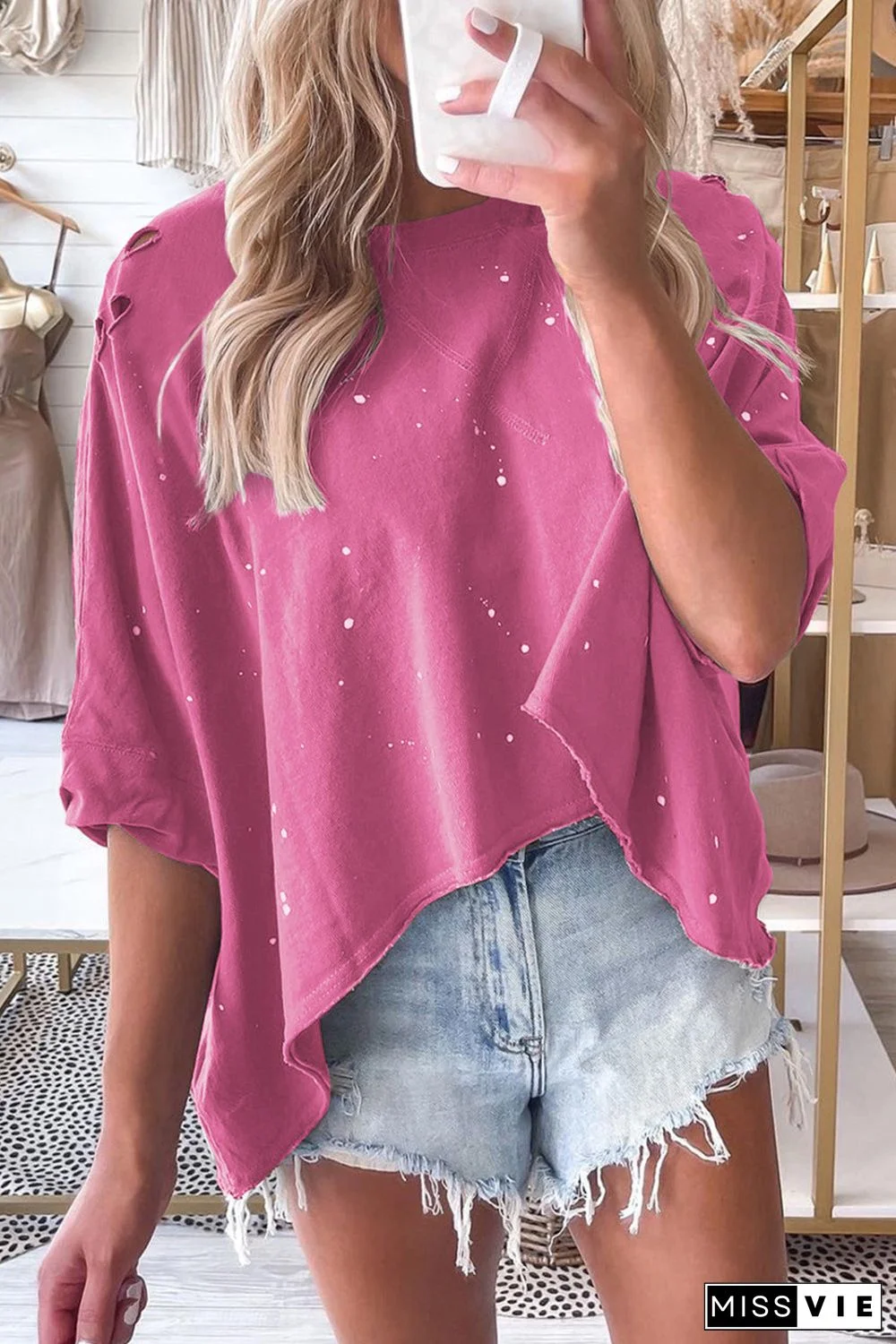 Distressed Bleached Asymmetric Hem Short Sleeve Top